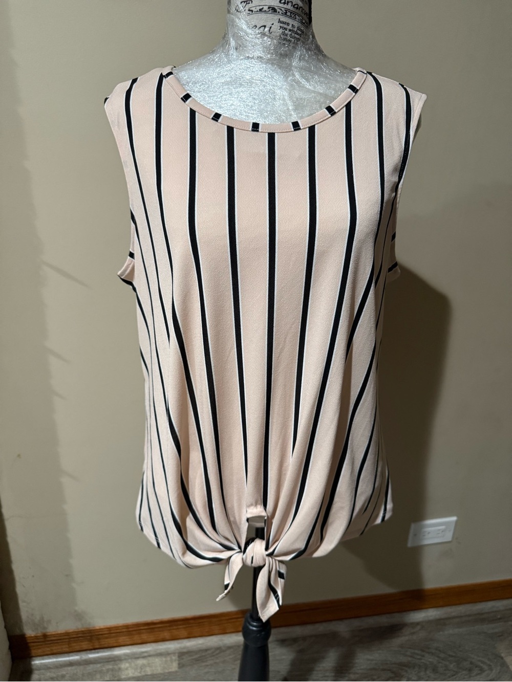 Adrianna Papell Pale Pink and Black Vertical Stripe Tie-Front Tank